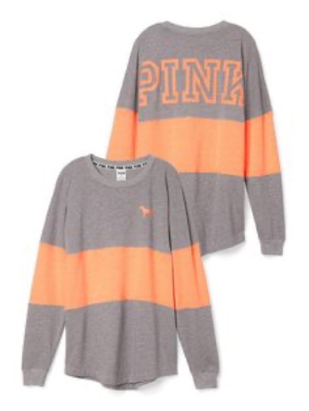 PINK Victoria's Secret Gray & Neon Orange Stripe Long-Sleeve Tee